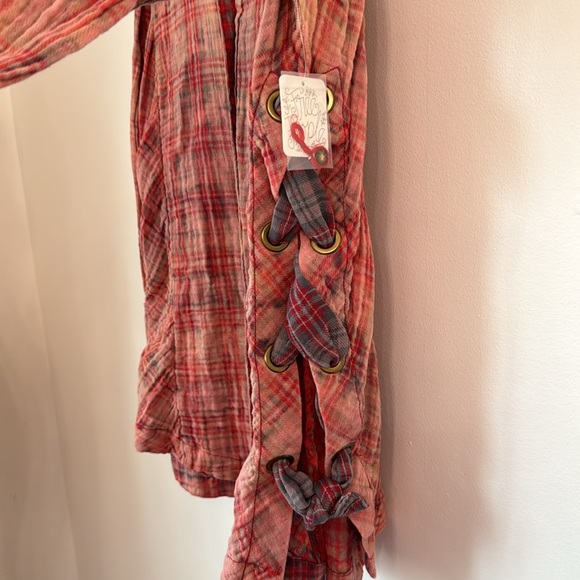 Free People Nordic Nights Buttondown Plaid lace up sz M - Picture 5 of 10